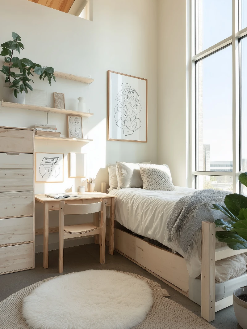 Light-Filled Minimal Dorm Setup with Natural Wood Desk and Vertical Shelving