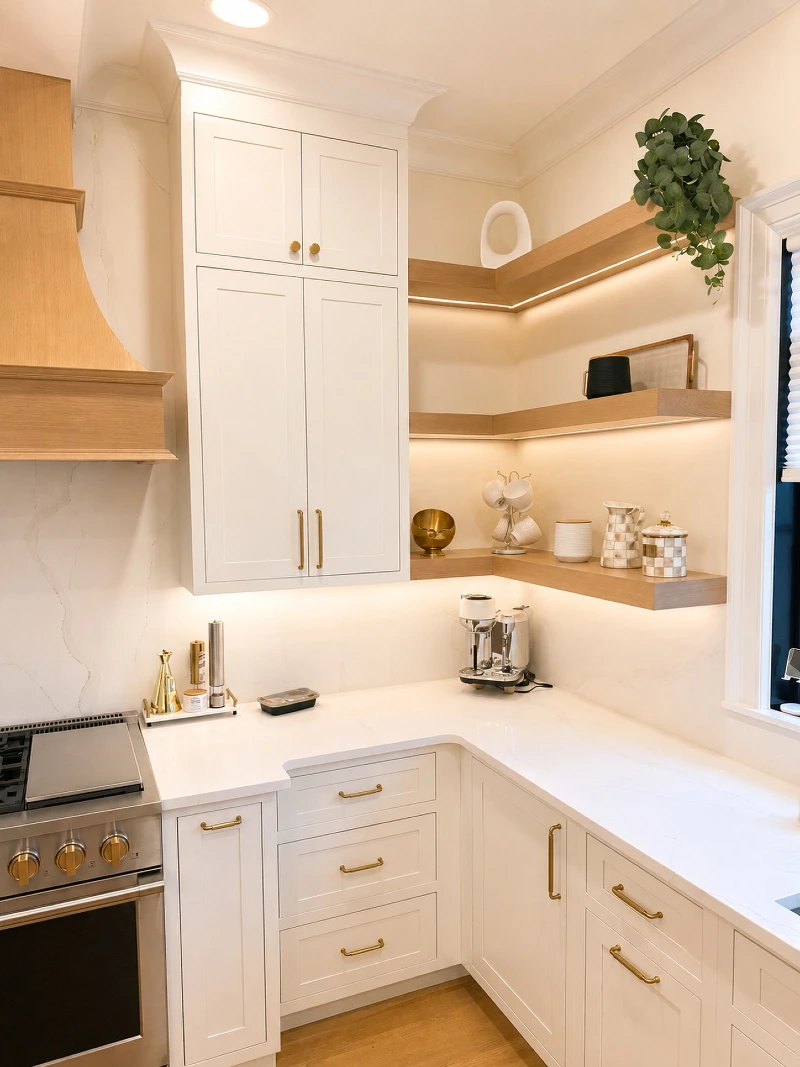 Light Oak Floating Corner Shelves with Minimalist White Sculptures and Backlit Glow