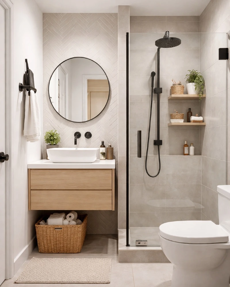 Light Oak Floating Vanity with Herringbone Backsplash and Matte Black Fixtures