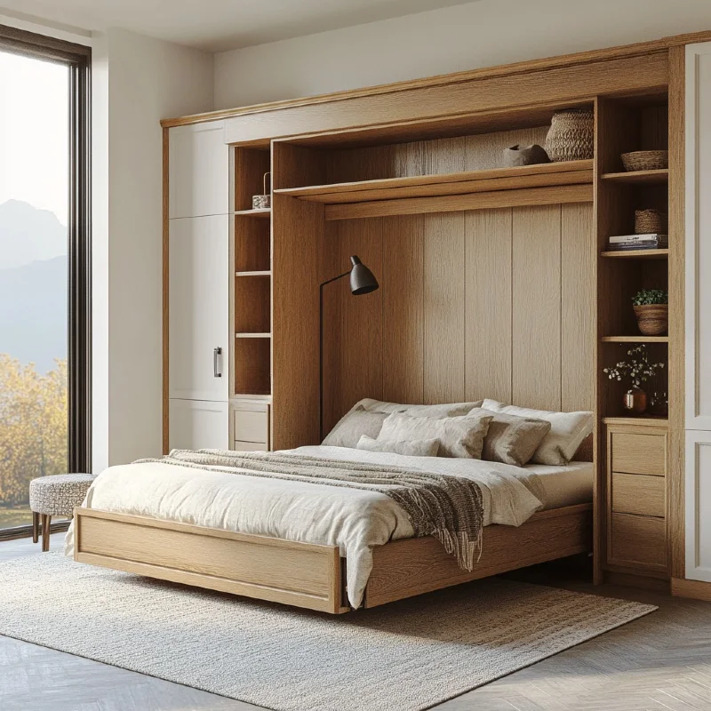 Light Oak Paneled Wall Unit with Integrated Bookshelves and Matte Black Floor Lamp