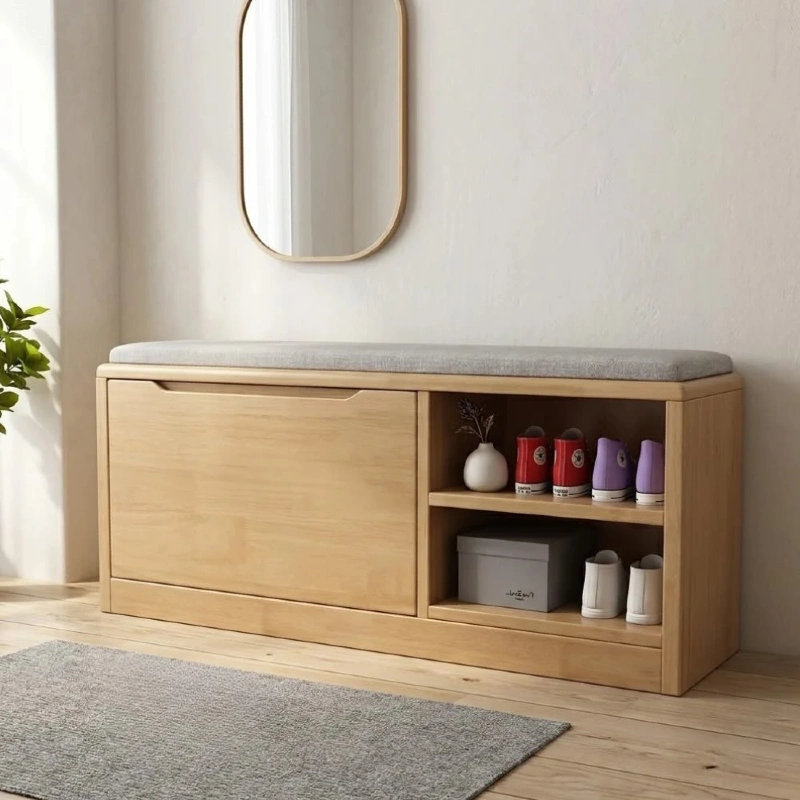 Light Oak Storage Bench with Grey Cushion and Rounded Wood-Framed Mirror