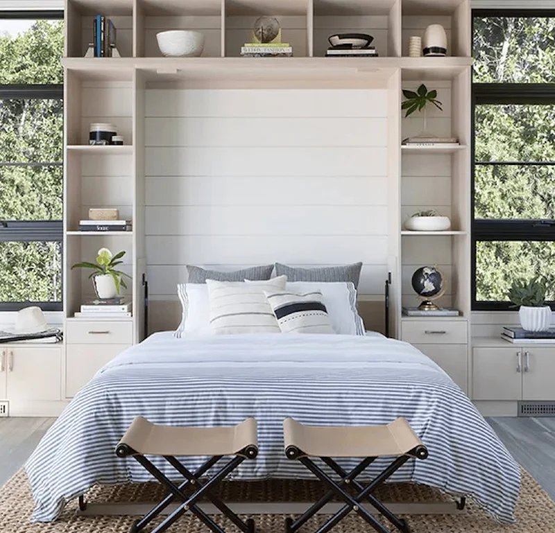 Light Taupe Open Cubby Shelving with Horizontal White Shiplap and Striped Bedding