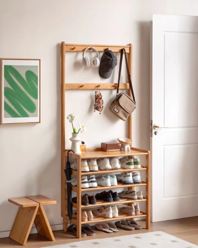 Lightweight Pine Multi-Tier Rack with Built-In Coat Pegs and Umbrella Hook