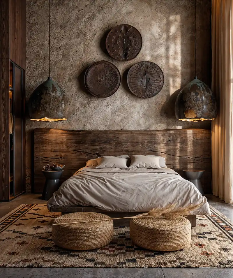 Live-Edge Wooden Headboard with Oxidized Metal Pendants and Woven Tribal Rug