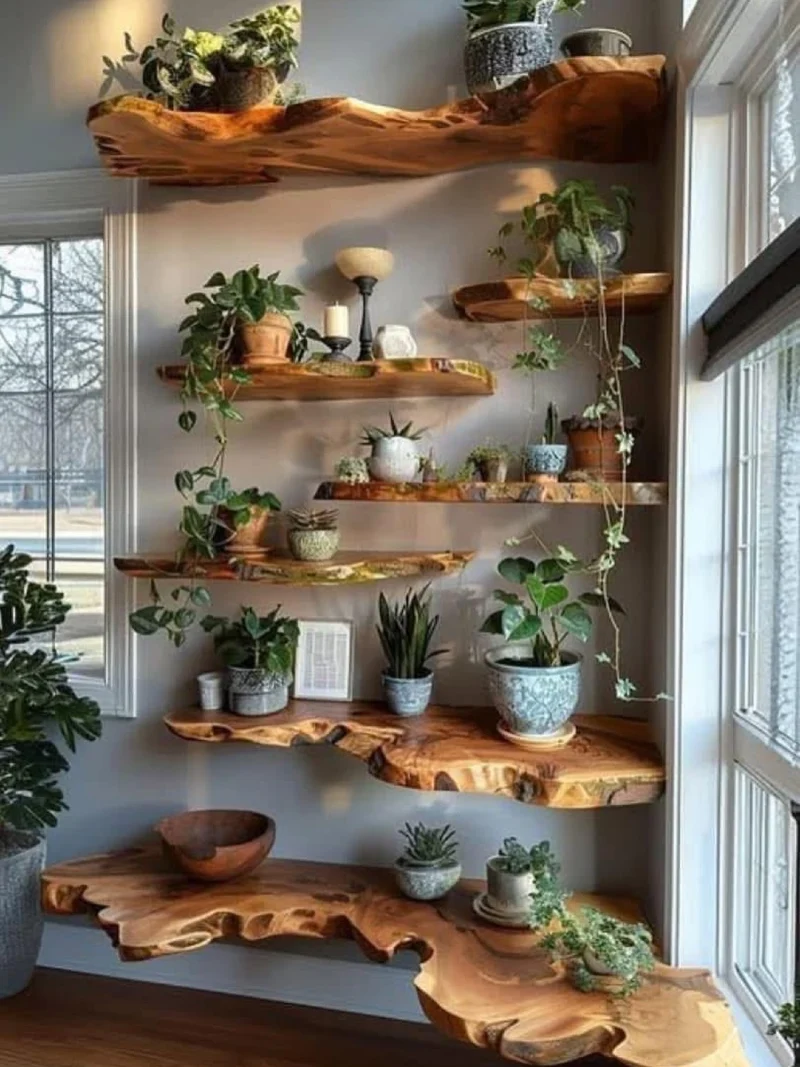 Live-Edge Wooden Shelves with Textured Ceramic Planters
