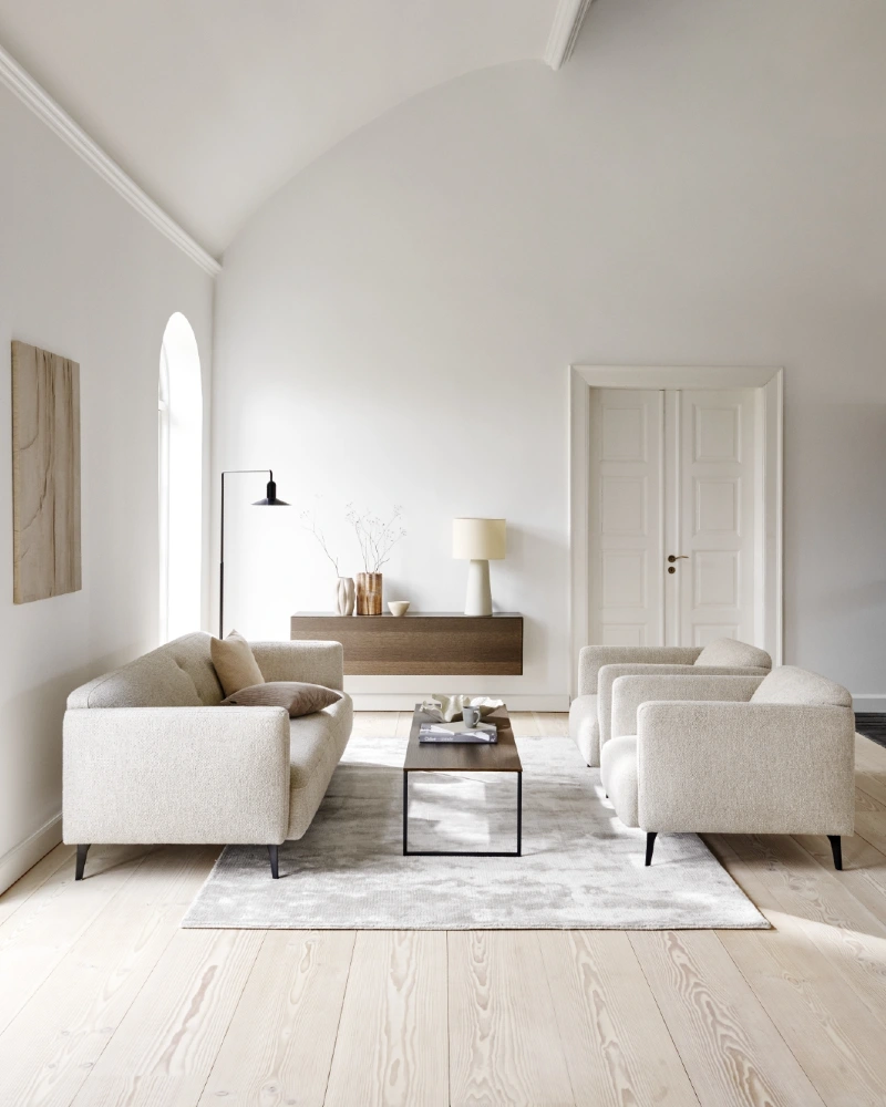 Low-Profile Oatmeal Bouclé Seating with Floating Walnut Credenza
