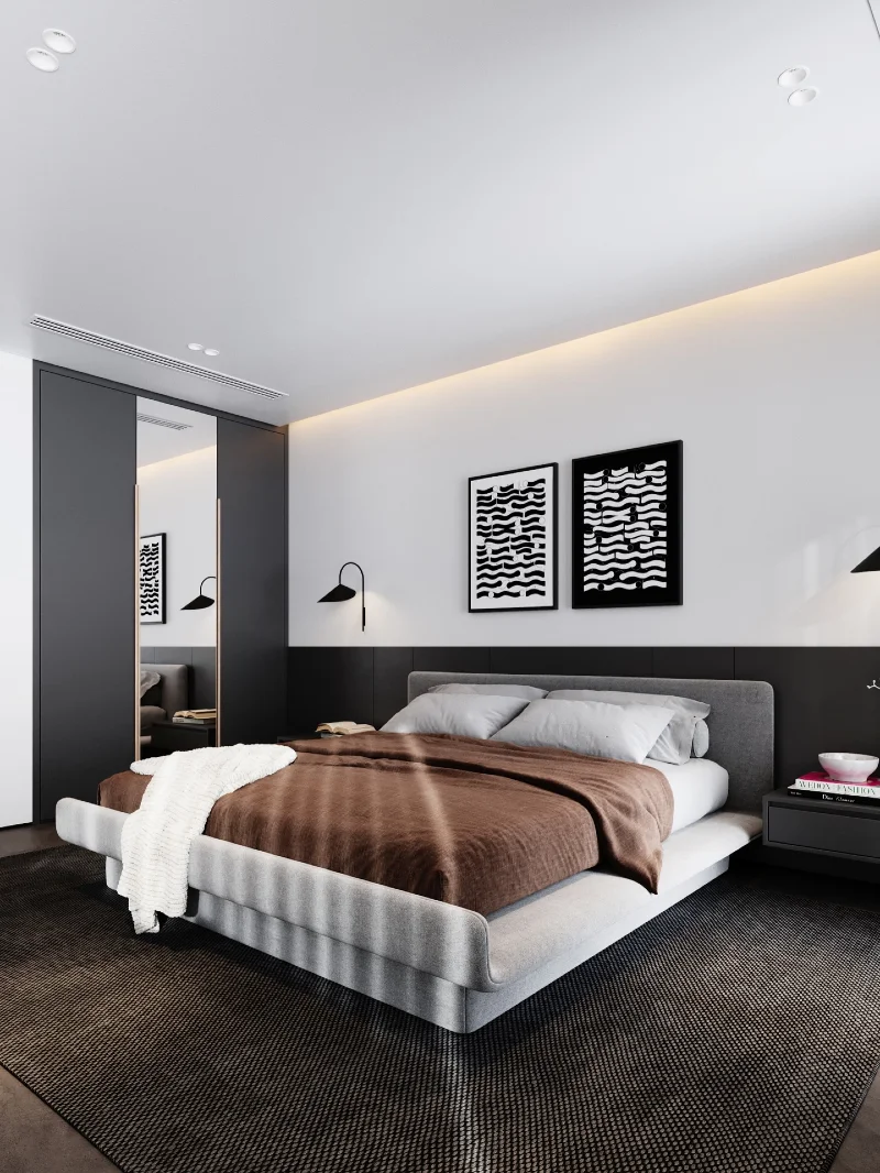 Low-Profile Platform Bed with Monochrome Wall Art and Shadow Lighting