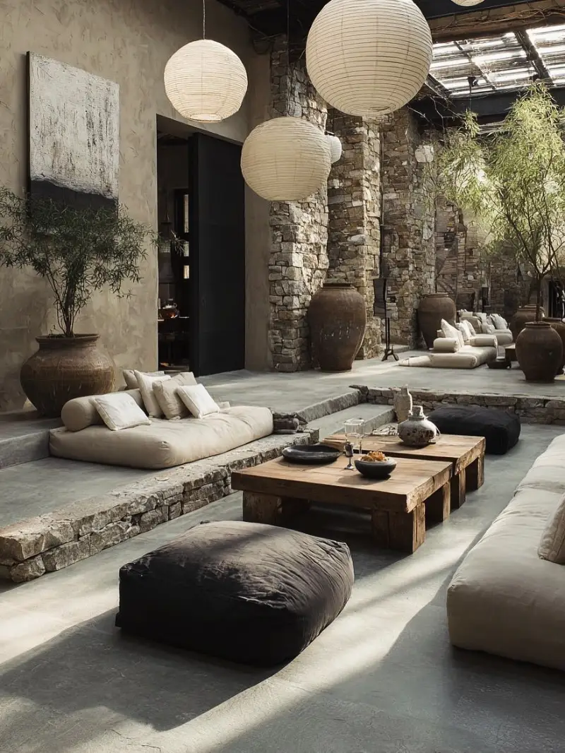 Low-Slung Living Area with Oversized Paper Lanterns and Raw Stone Pillars