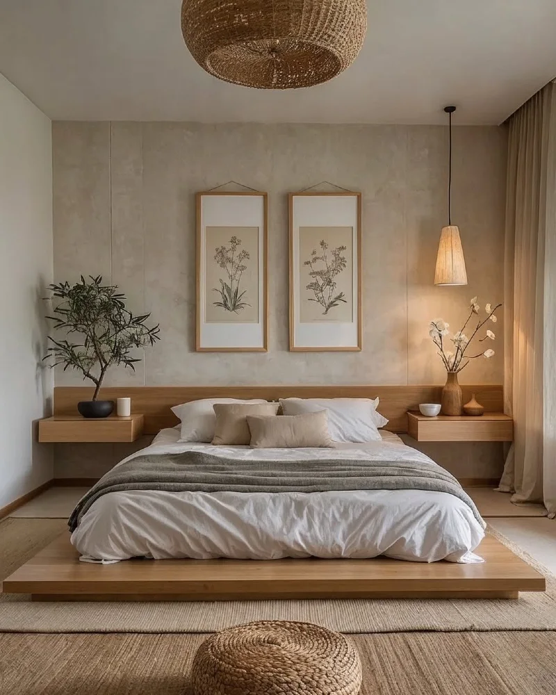 Low Wooden Platform Bed with Woven Textures and Limewash Walls