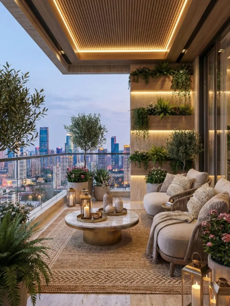 Luxury Skyline Balcony Lounge with Warm Wood Ceiling and Vertical Garden Wall