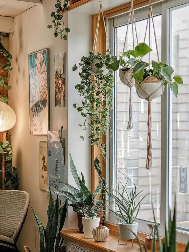Macrame Window Planters with Wooden Windowsill Layering