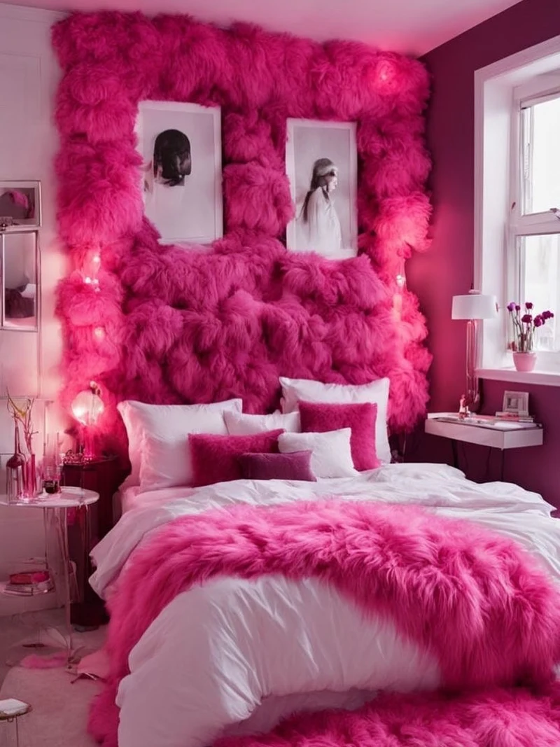 Magenta Faux-Fur Accent Wall with White Linens