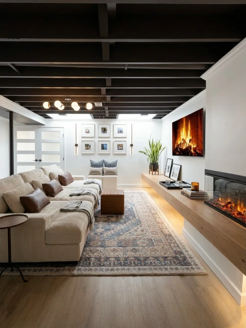 Matte Black Exposed Joist Ceiling with Floating Oak Mantle and Cream Corduroy Sectional