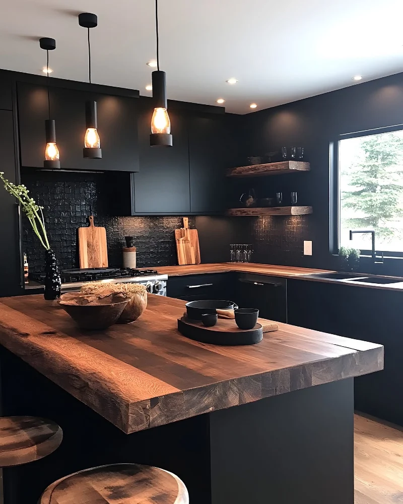 Matte Black Flat-Panel Cabinetry With Live-Edge Butcher Block Island and Exposed Filament Pendants