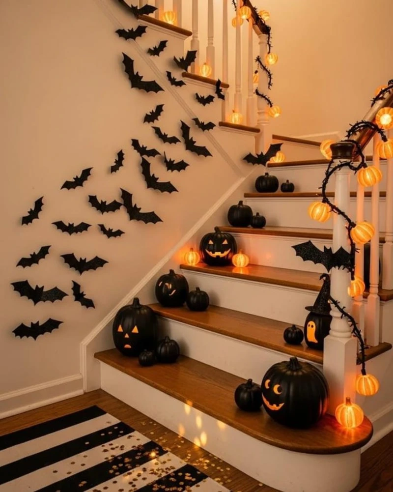 Matte Black Jack-o'-Lantern Staircase with Glowing Pumpkin Garland