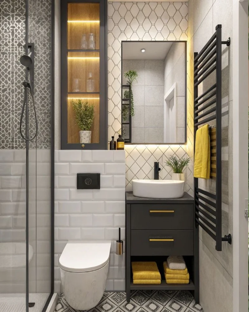 Matte Black Vanity with Backlit Arched-Pattermed Tile and Integrated LED Storage