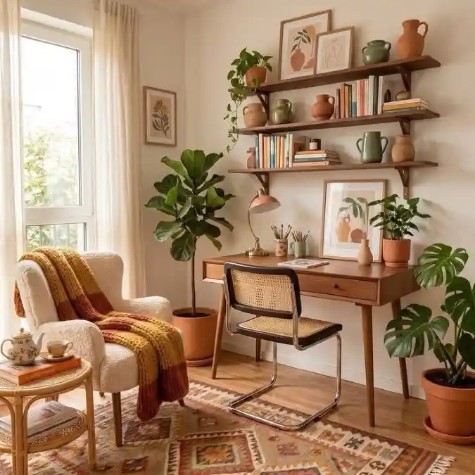 Mid-Century Wooden Desk with Layered Open Shelving