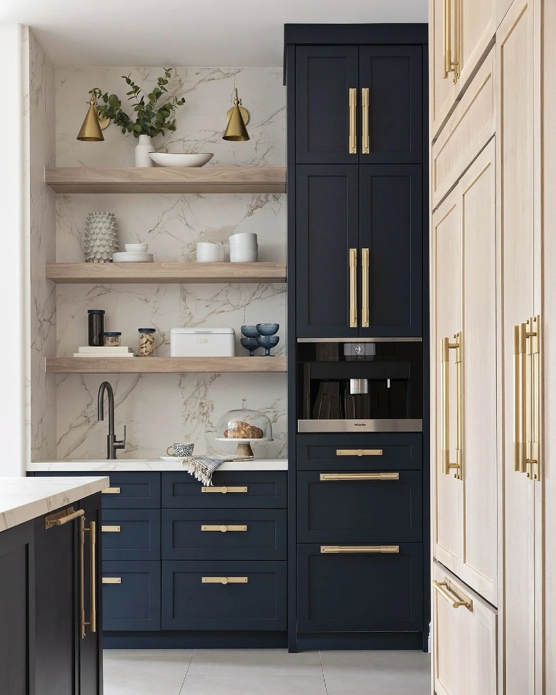 Midnight Navy Appliance Tower With Marble Coffee Bar Alcove and Floating Timber Shelves
