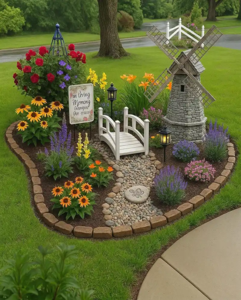 Miniature Landscape Garden Bed with Windmill and Pebbled Stream
