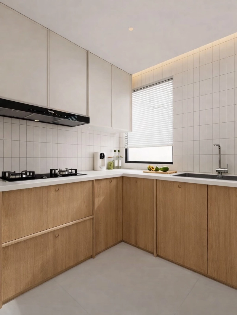 Minimal Wood Corner with White Grid Tile, Window Blinds, and Fruit Board