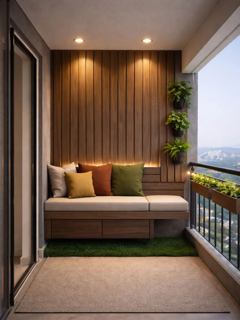 Minimal Wood Slat Bench Balcony with Soft Neutral Seating and Vertical Green Accent Wall