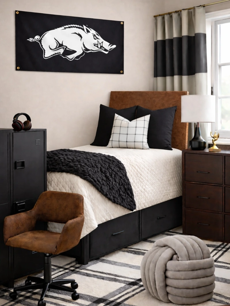 Minimalist Bed Setup with Bold Wall Art and Textured Contrast