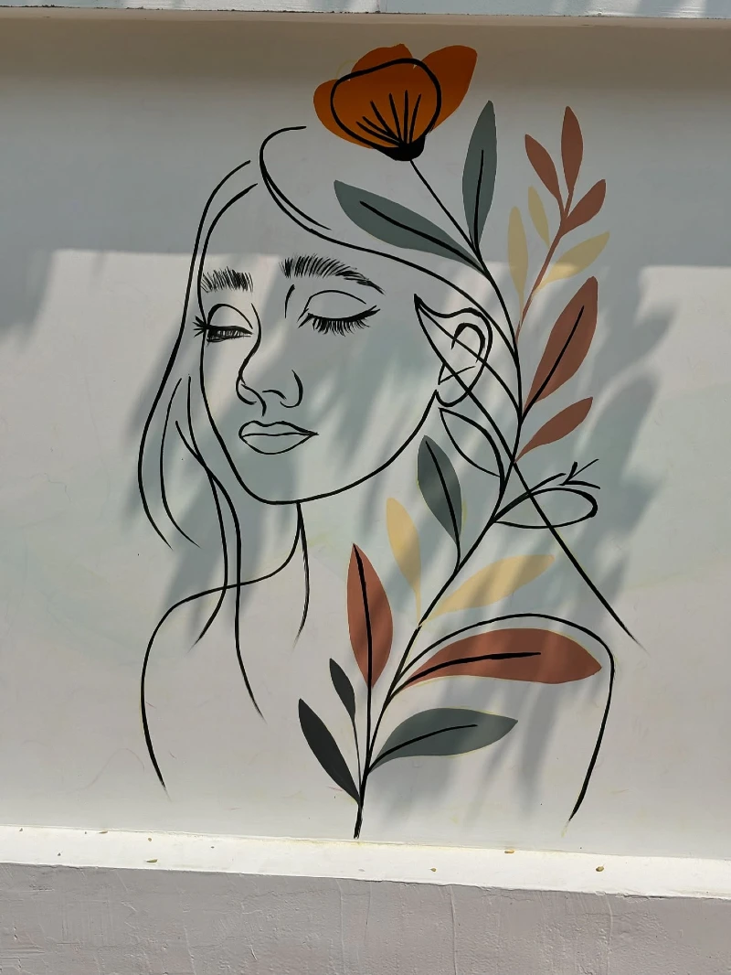 Minimalist Line Art Female Portrait with Earth-Toned Foliage