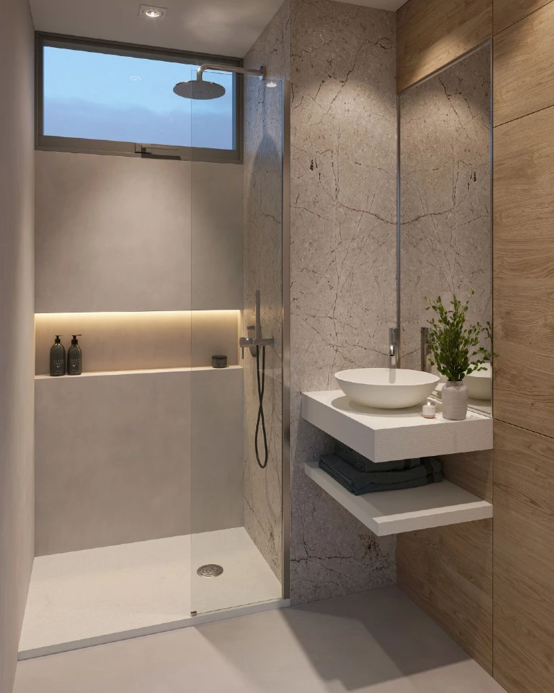 Minimalist White Dual Floating Shelves with Round Vessel Basin and Soft Sandstone Tile
