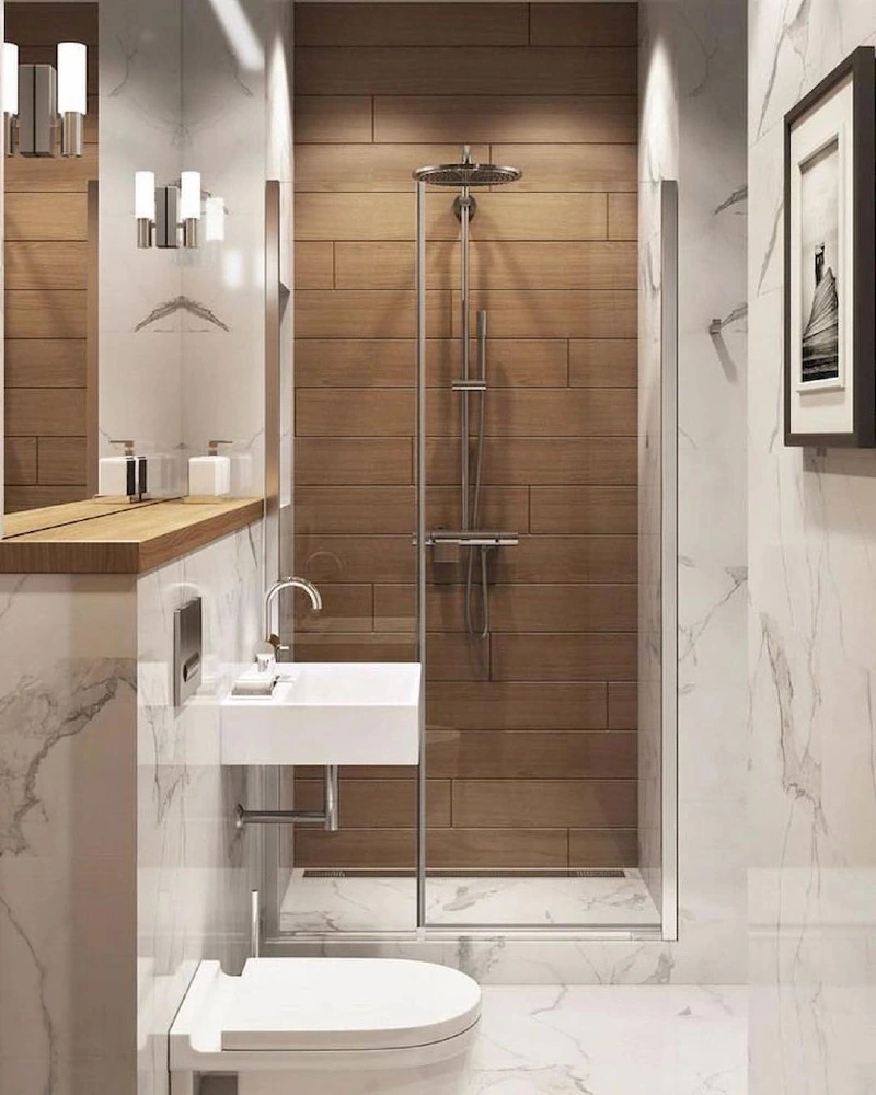 Minimalist White Marble Walls with Timber Accent Shower and Floating Sink