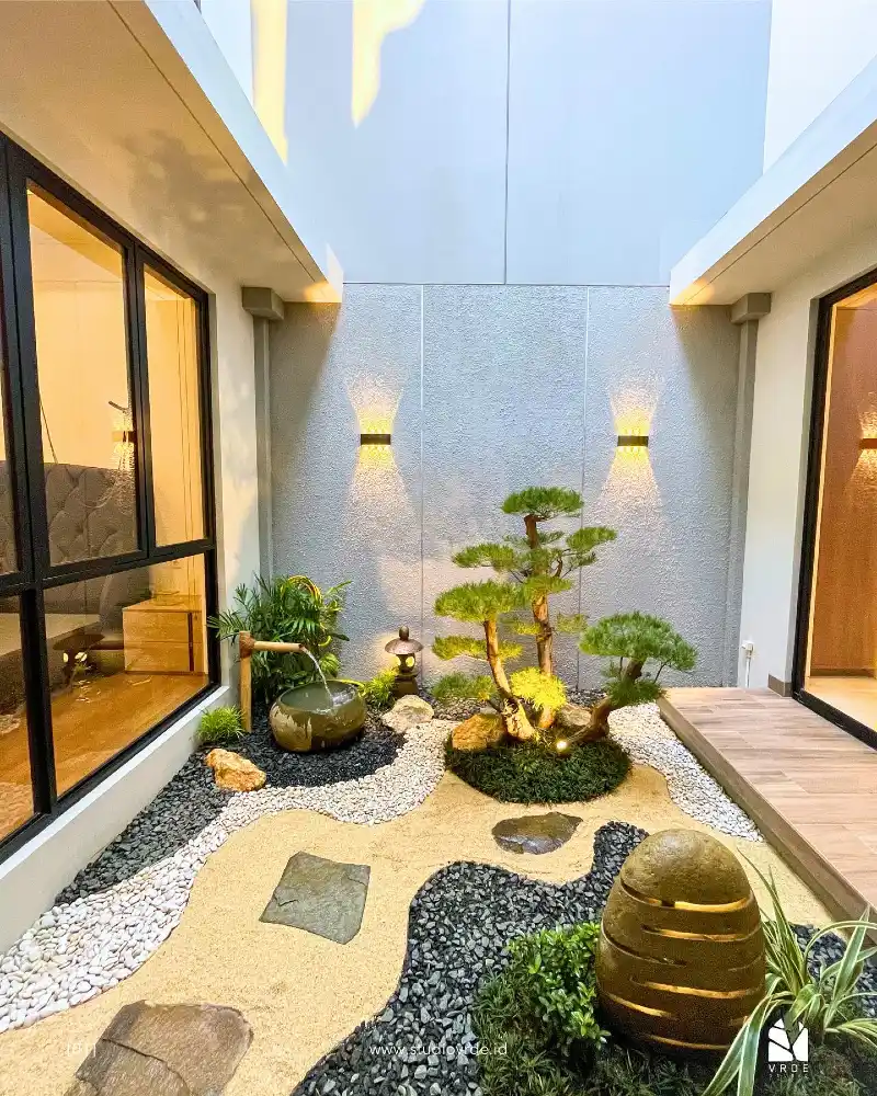 Minimalist Zen Atrium with Bonsai Tree, Sand, and Sconces