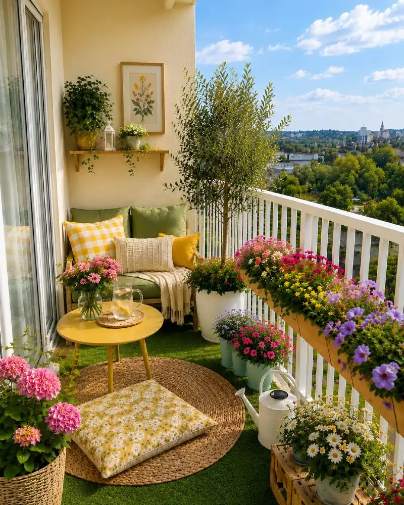 Mixed Material Balcony Garden with Wood Decking, Pebble Pathways, and Soft Lounge Corner