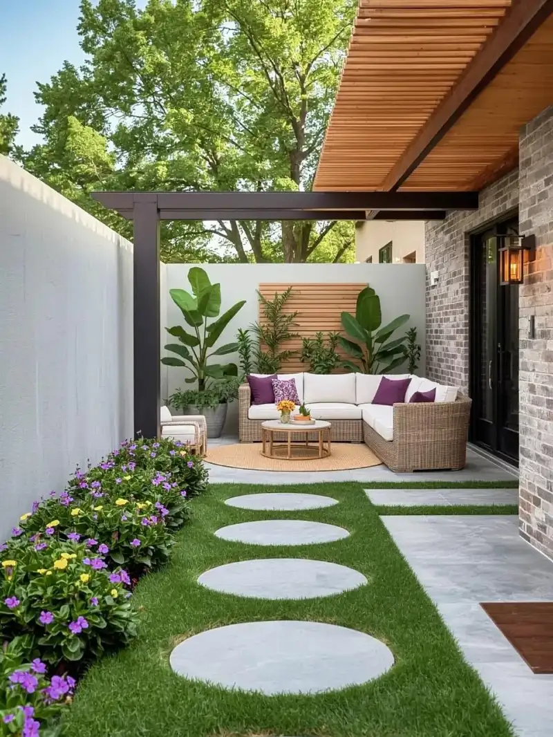 Modern Courtyard Lounge with Circular Pavers and Purple Accent Pillows