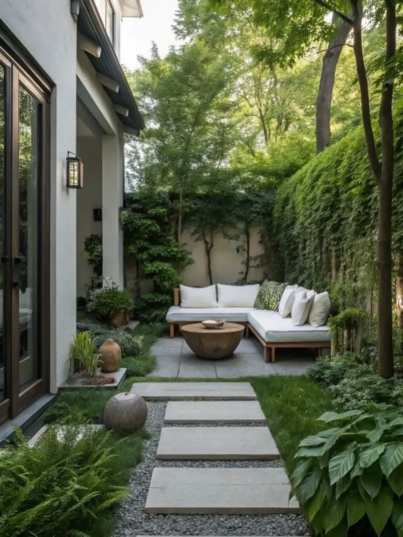 Modern Sectional Seating with Ivy Wall Backdrop and Stone Pavers