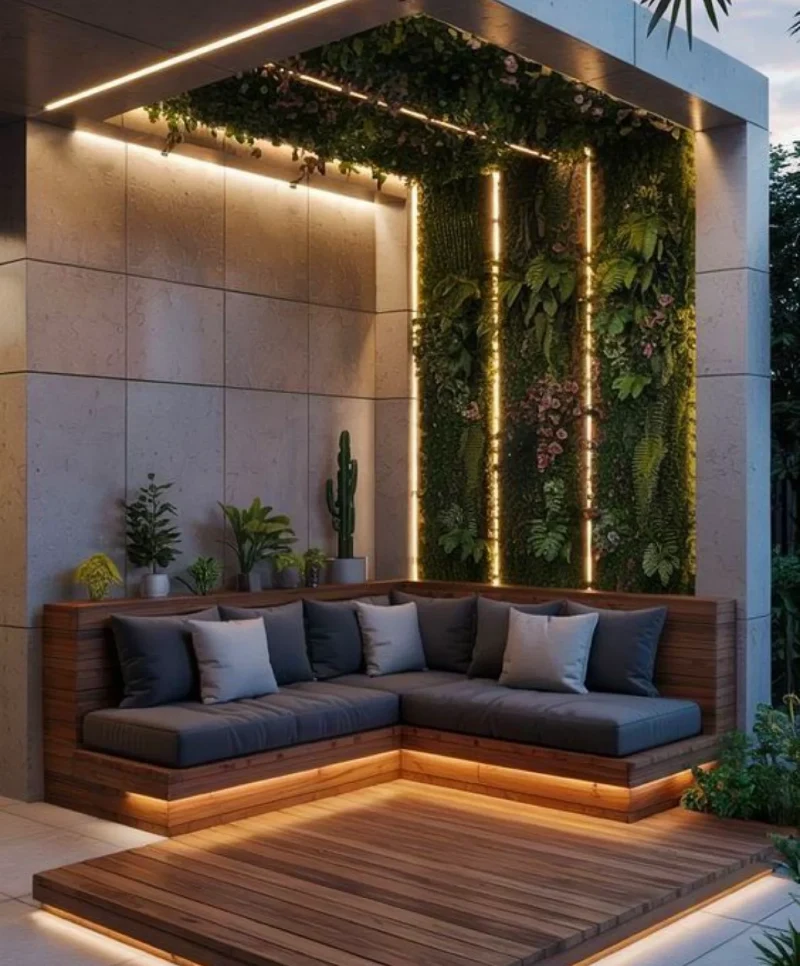 Modern Timber Sectional with LED Strip Lighting and Living Wall