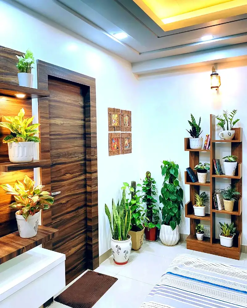 Modern Wood-Paneled Entryway with Geometric Display Bookshelf