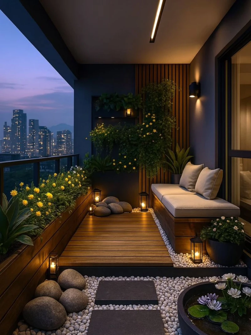 Modern Zen Balcony with Water Garden Stones and Warm Ambient Lighting