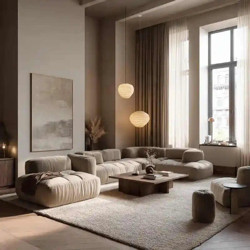 Modular Taupe Sectional with Dual Paper Pendants and High Ceilings