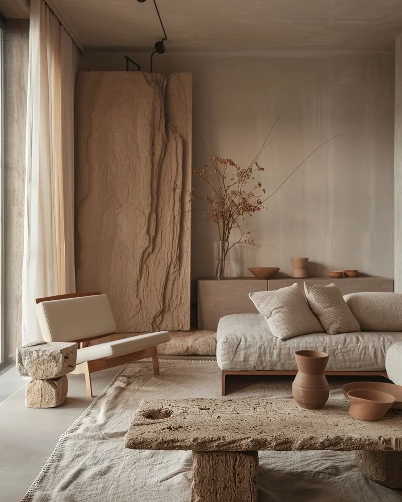 Monochromatic Clay Living Room with Raw Travertine Coffee Table and Textured Stone Backing