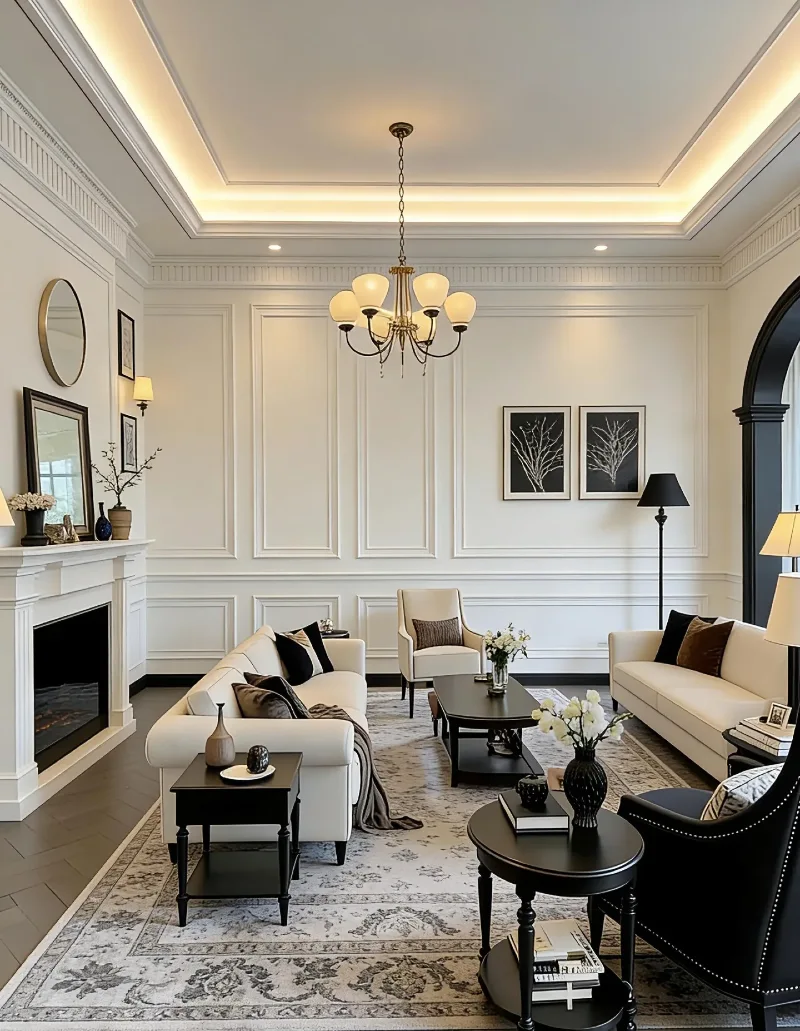 Monochromatic Traditional Living Room with Picture Frame Molding, Ebony Accents, and Tray Ceiling Lighting