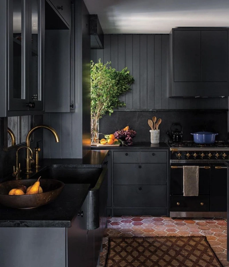 Monochrome Charcoal Cabinetry With Vertical Shiplap and Terracotta Hexagon Floor Tiles