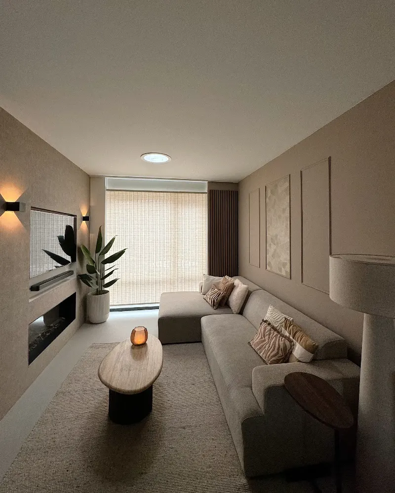 Monochrome Taupe Plaster Walls with Built-in Fireplace and Sectional