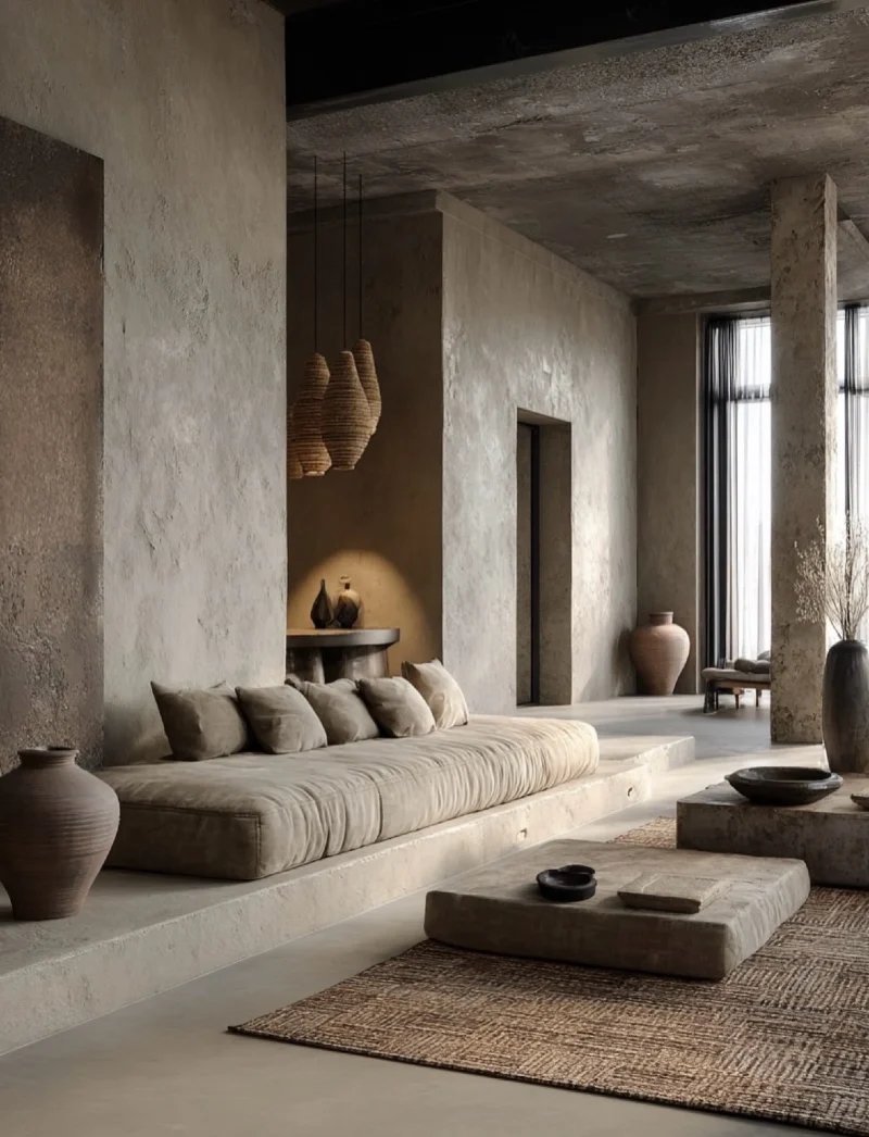Monolithic Plaster Bench with Woven Cord Pendants and Concrete Slab Tables