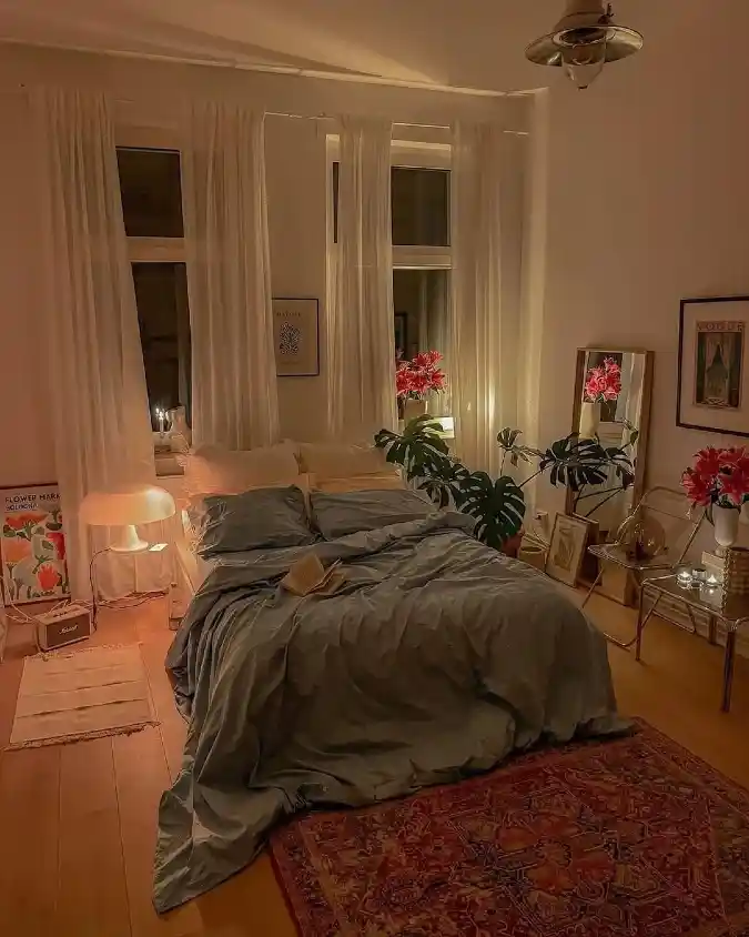 Moody Bedroom with Low Bed and Mushroom Accent Lamp