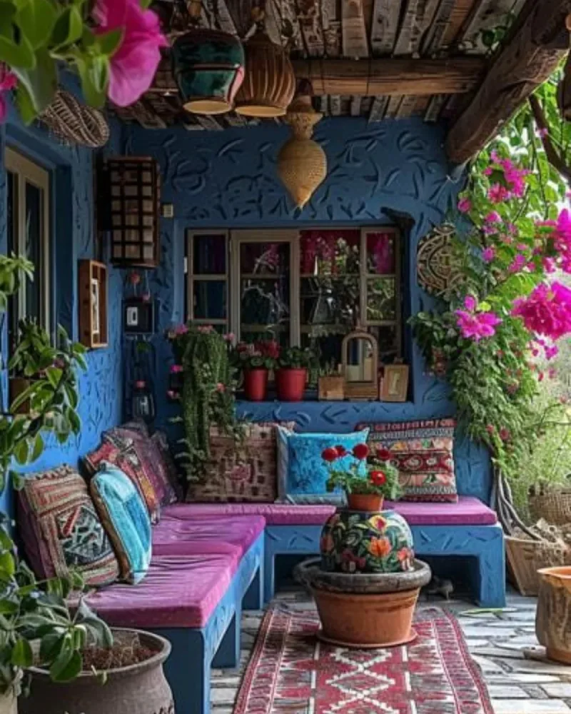 Moroccan Moroccan-Style Built-In Bench with Vibrant Blue Stucco Walls
