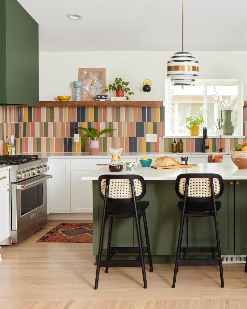 Multicolor Vertical Tile Backsplash with Green Island and Eclectic Open Shelf Styling