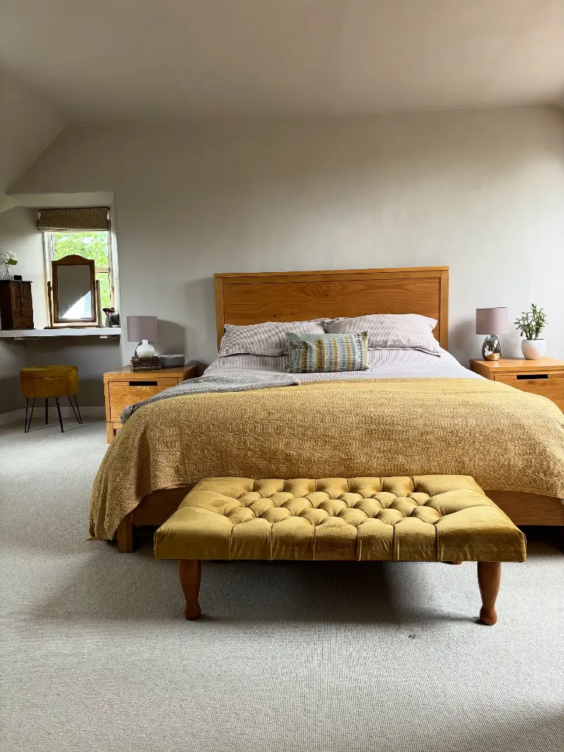 Mustard Velvet Bench with Honey Wood Bed