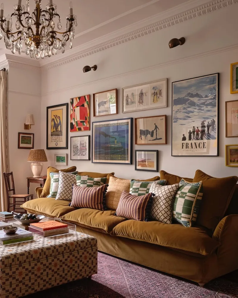 Mustard Velvet Sofa Gallery Wall with Eclectic Framed Art Mix