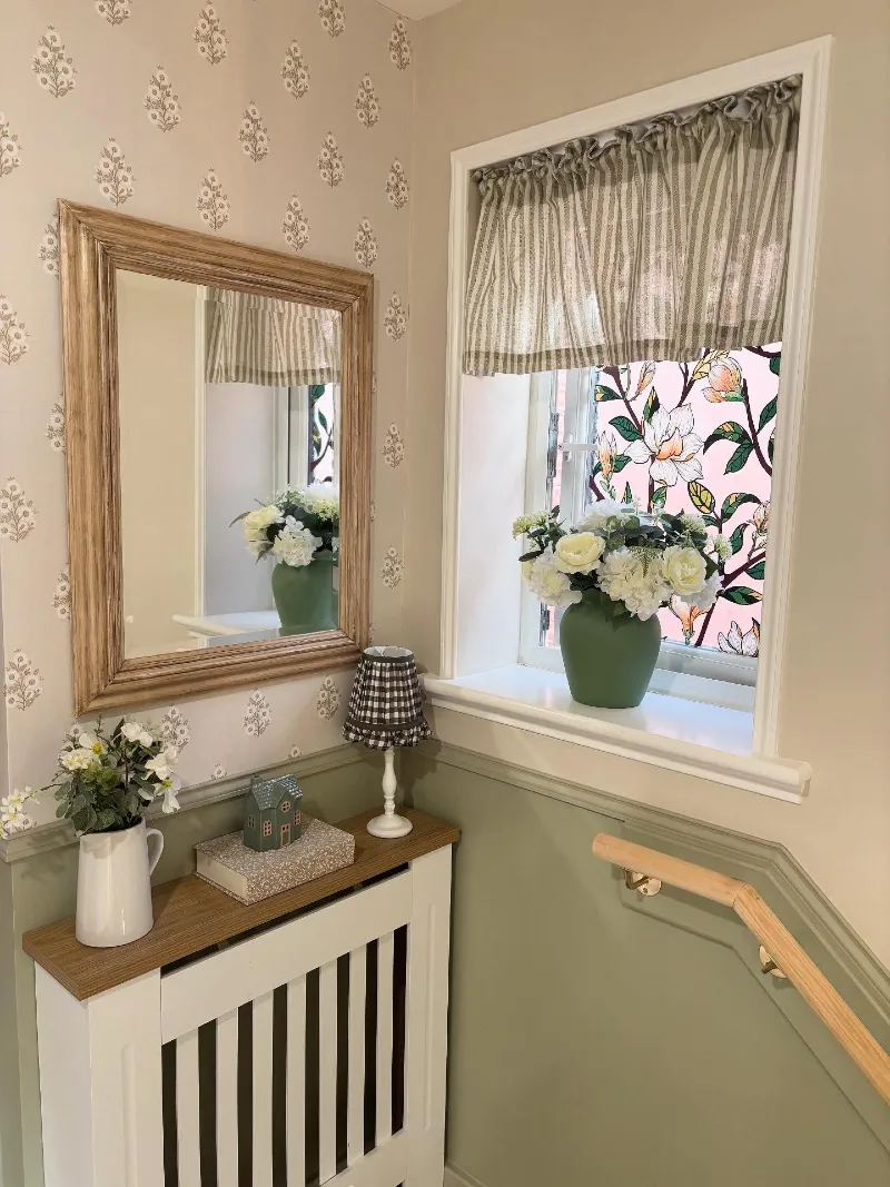 Muted Green Wainscoting with Block-Print Wallpaper and Gingham Accents