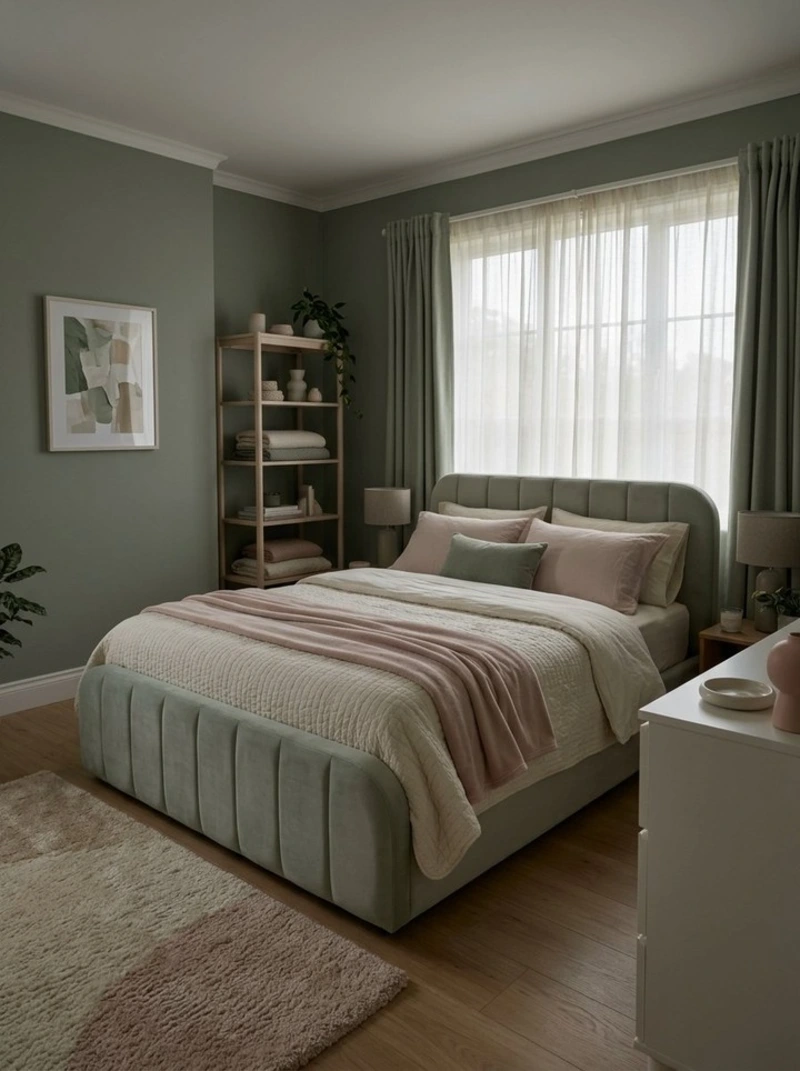 Muted Sage Green Channel-Tufted Bed with Blush Pink Accents