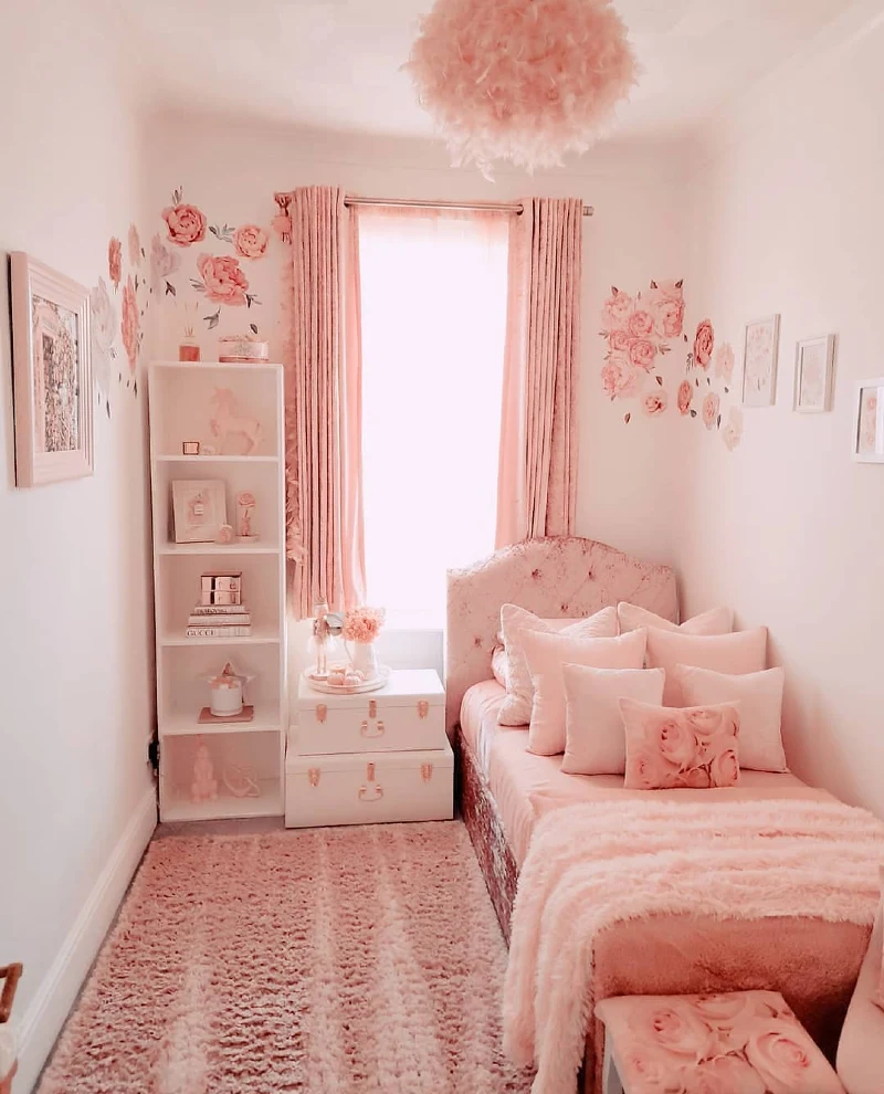 Narrow Daybed Layout with Rose Wall Decals and Feather Chandelier